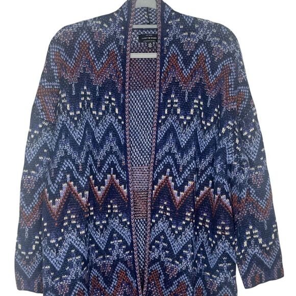 Lucky Brand Open Cardigan Knit Sweater L Wool Blend Aztec Chevron Print Blue - Picture 2 of 7